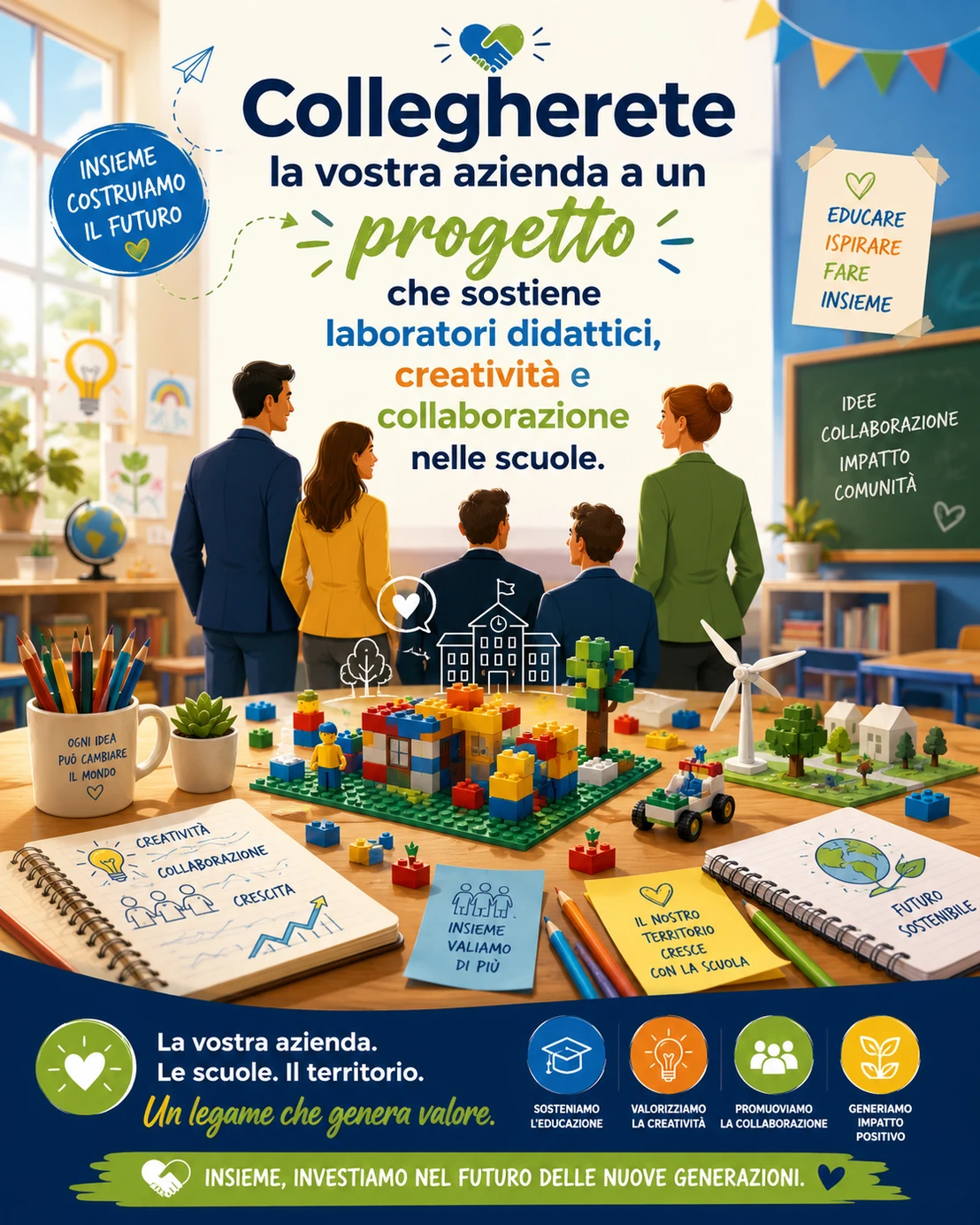 Bambini che costruiscono con mattoncini in un laboratorio scolastico