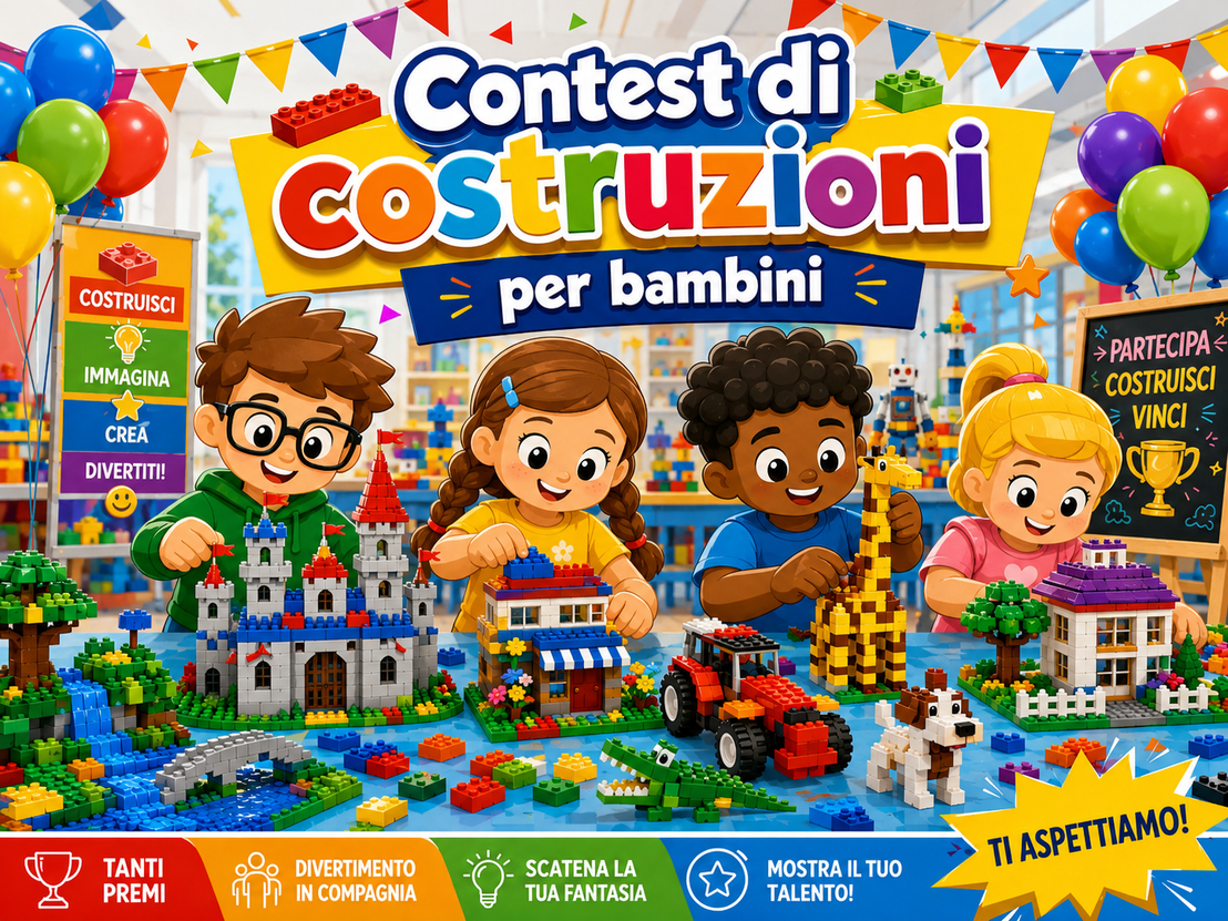 Bambini che costruiscono con mattoncini LEGO durante un contest