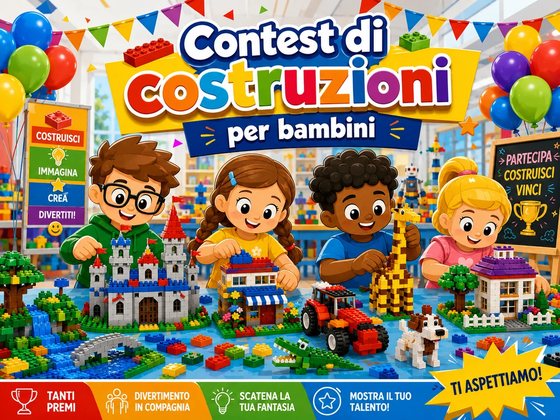 Bambini che costruiscono con mattoncini LEGO durante un contest