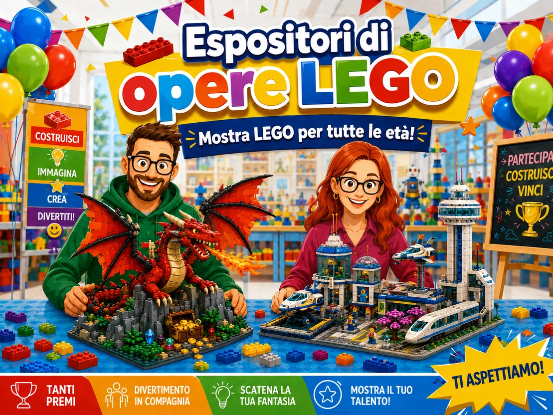 Tavolo espositivo con modelli LEGO realizzati da appassionati